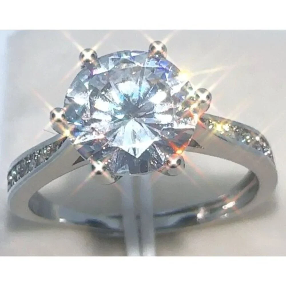 Silver Ring Diamond Simulant Wedding Adjustable Size 6 to 8